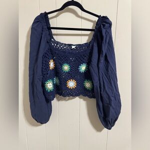 Aerie Navy Blue Crochet Crop Top with Floral Accents XXL 2x 18/20 off shoulder